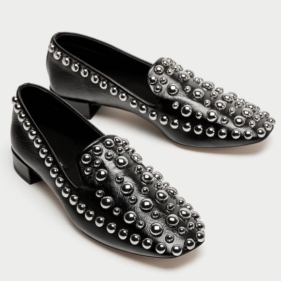 Zara Leather Metal Stud Square Toe Loafer - Picture 1 of 12